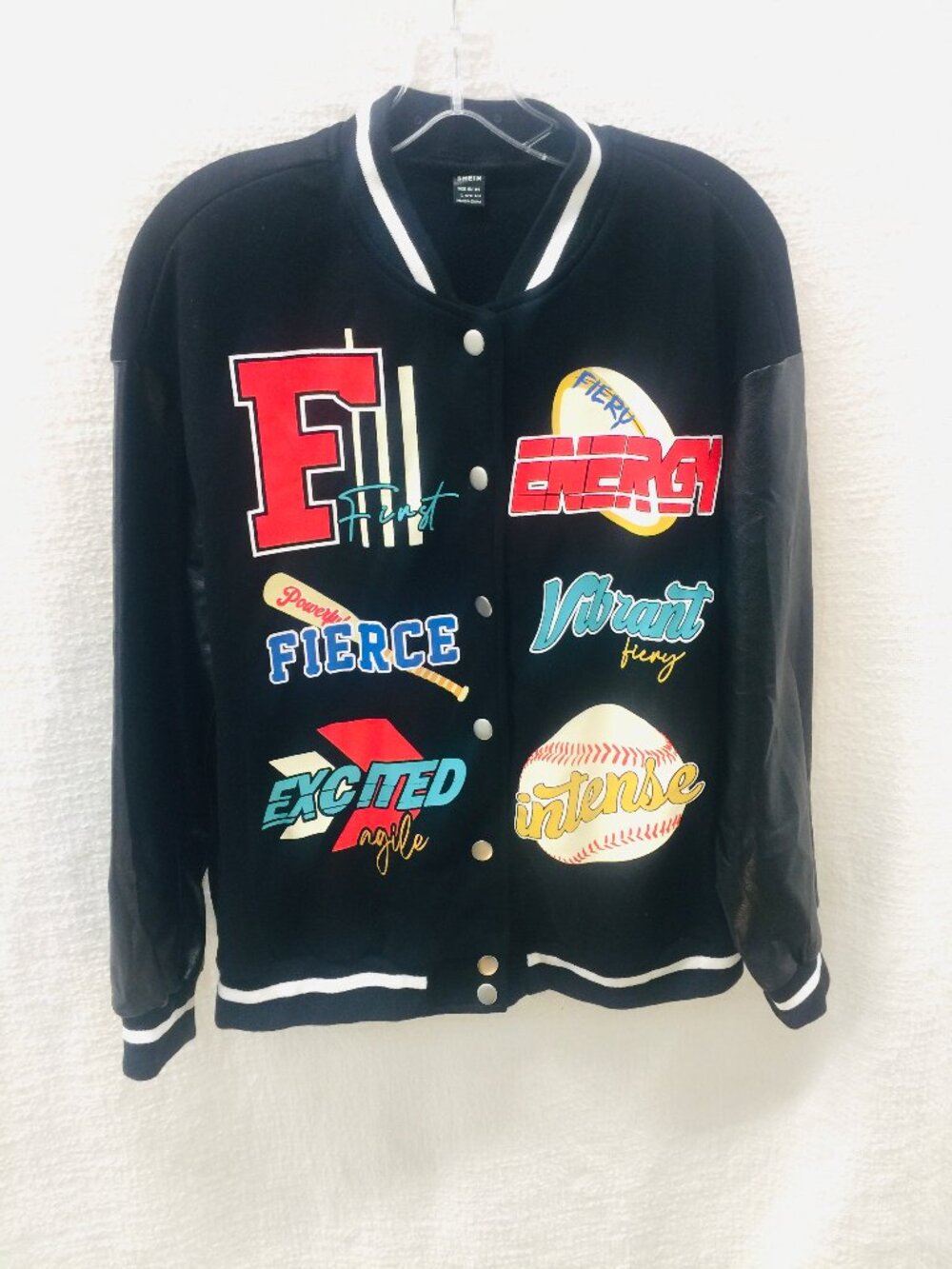 SHEIN Varsity Jacket Black Faux Leather Sleeve Graphic Letterman, Size Large